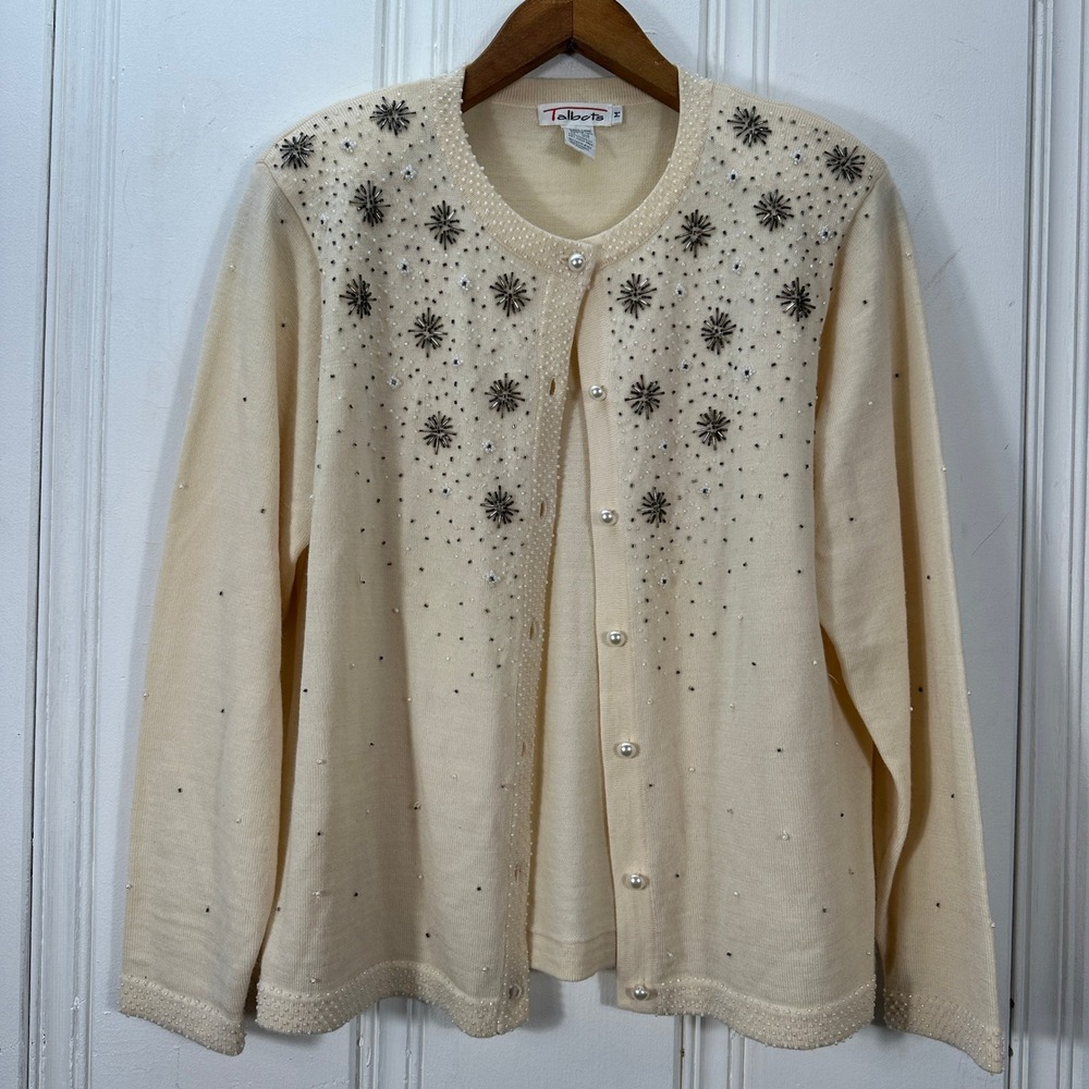 Vintage Talbots Cardigan Sweater Womens Medium Ivory Good Beaded Wool Sequin